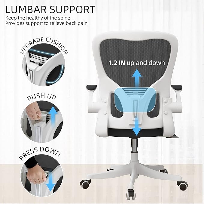 Monhey Office Chair - Ergonomic Office Chair with Lumbar Support & Flip Up Arms Home Office Desk Chairs Rockable High Back Swivel Computer Chair White Frame & Black Mesh Study Chair