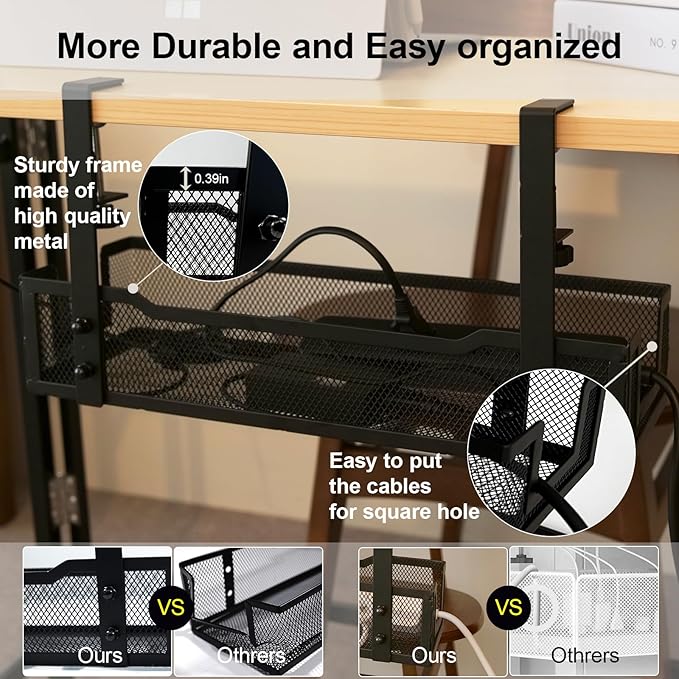 No drill Under Desk Cable Management Tray with clamp-Premium Wire Tray Cord Organizer – Thin Steel Cable Tray Basket with Charger Holder for Desk–Black Cable Management Box–Easy to Install