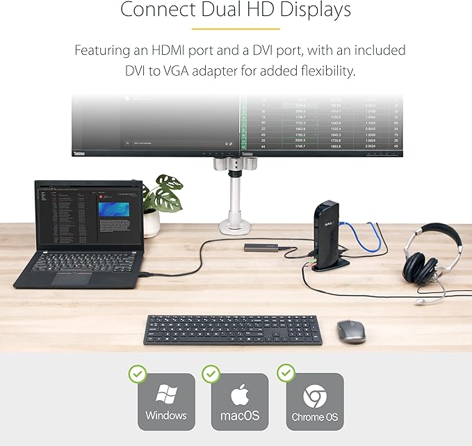 StarTech.com USB 3.0 Dual Monitor Docking Station with HDMI & DVI/VGA, 6x USB-A Ports, Ethernet, Audio & USB Type-A Hub, Universal Laptop Dock - Windows/macOS/ChromeOS, TAA (USB3SDOCKHD)