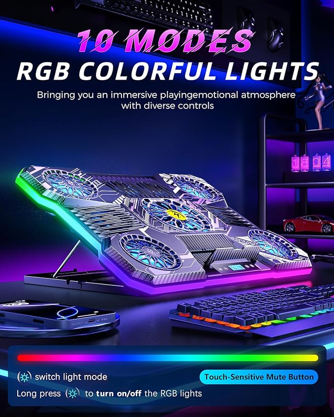 ChillCore Laptop Cooling Pad, RGB Laptop Fan Cooling Pad 9 Fans for 15.6-19.3 Inch Laptops, Gaming Laptop Cooler with 8 Height Stands, 2 USB Ports - A21 Pattern