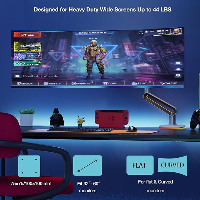 Gaming Monitor Arm for Flat/Ultrawide/Curved Monitors 32 to 60 inch, Heavy Duty Monitor Stand Load up to 20 kg, VESA 75/100 mm Mount G70-New (Grey Black)