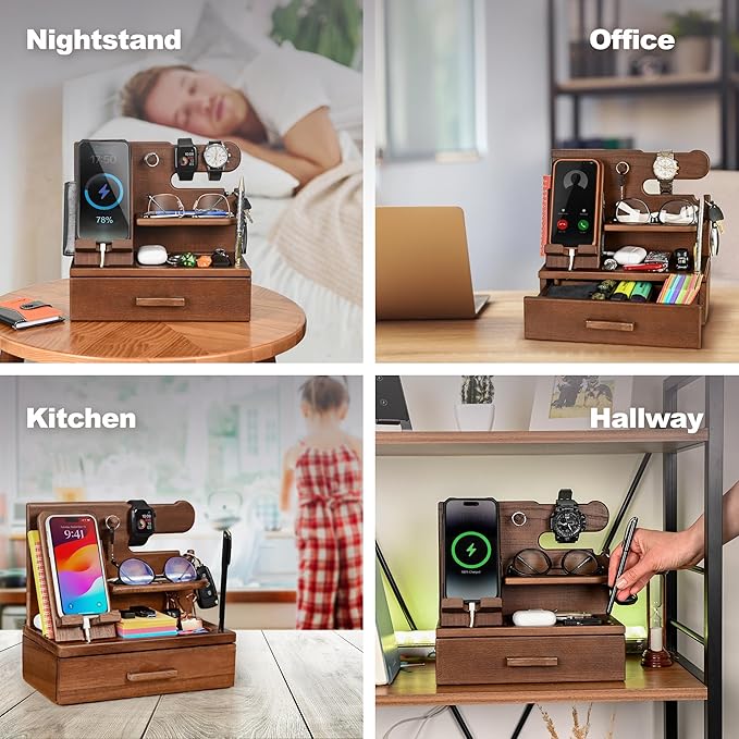 TESLYAR Wood Phone Docking Station with Drawer - Nightstand Organizer - Desk Organizer for Husband - Birthday Gifts for Men, Dad, Anniversary Idea, Key Holder Stand Watch & Accessories (Antique Brown)