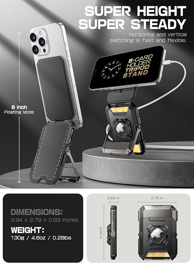 SUPCASE for MagSafe Wallet with AirTag Holder, Magnetic Airtag Wallet for Men, [Hold 5 Cards] [Adjustable Stand] [RFID Blocking] Phone Stand Card Holder Tripod for iPhone 16/15/14/13/12 Series, Dark