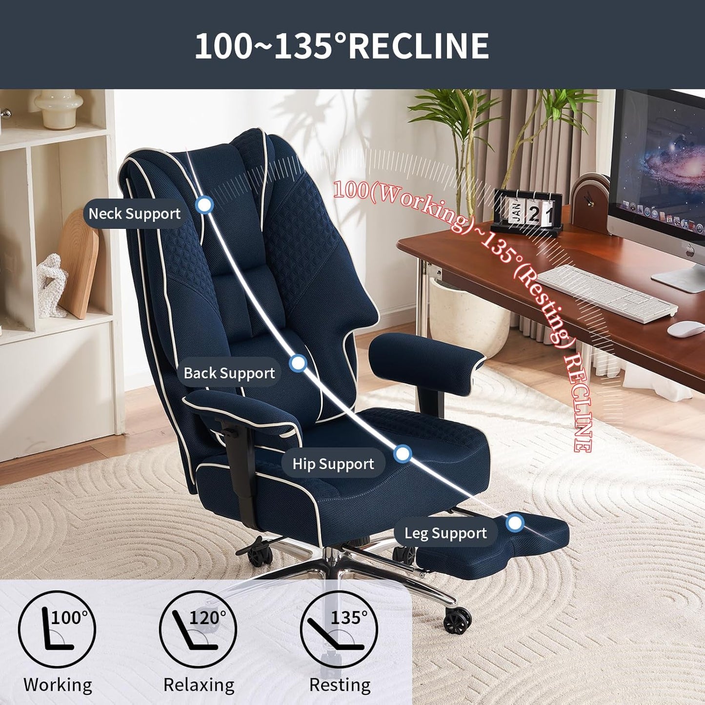 Big and Tall Office Chair 400lbs Wide Seat, Leather High Back Executive Office Chair with Foot Rest, Ergonomic Chairs Lumbar Support for Lower Back Pain Relief (Mesh Dark Blue)