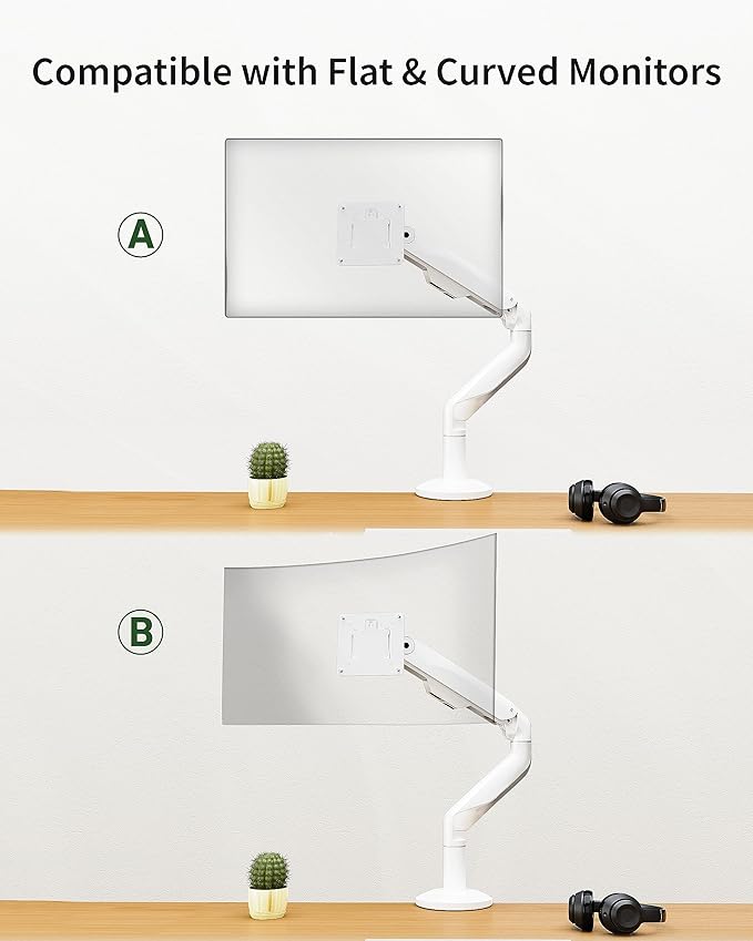 Ultrawide Single Monitor Mount, Adjustable Gas Spring Monitor Arm for 17 to 49 inch Screens, 75/100 Vesa Mount with C-Clamp and Grommet Base, White