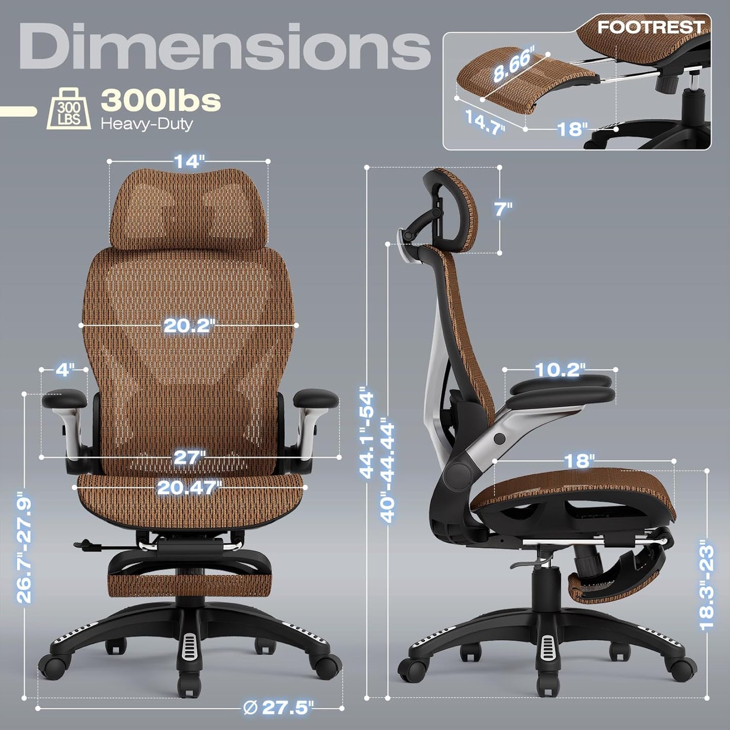 ELABEST X100 Ergonomic Office Chair with Footrest, Big and Tall Home Desk Chair with 5D Flip-Up Arms, Adjustable 10D Lumbar Support,High Back Rolling Computer Chair, Swivel Mesh Chairs