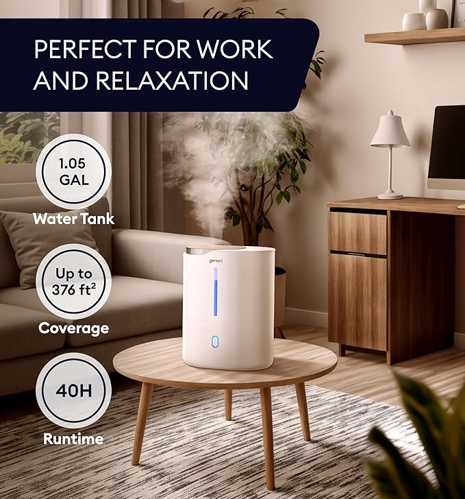 GENIANI Ultrasonic Cool Mist Humidifier for Bedroom, Large Rooms, Home, 4L - Easy Fill & Clean Humidifier for Plants w/Auto Shut-off, 40H Runtime - Quiet, Top Fill Air Humidifier