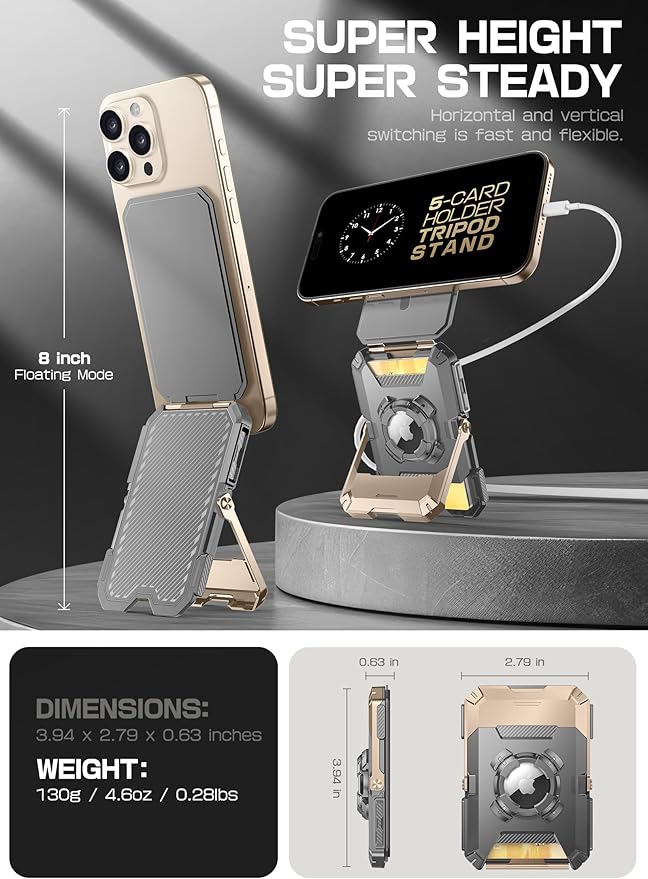 SUPCASE for MagSafe Wallet with AirTag Holder, Magnetic Airtag Wallet for Men, [Hold 5 Cards] [Adjustable Stand] [RFID Blocking] Phone Card Holder Tripod for iPhone 16/15/14/13/12 Series, DesertGold