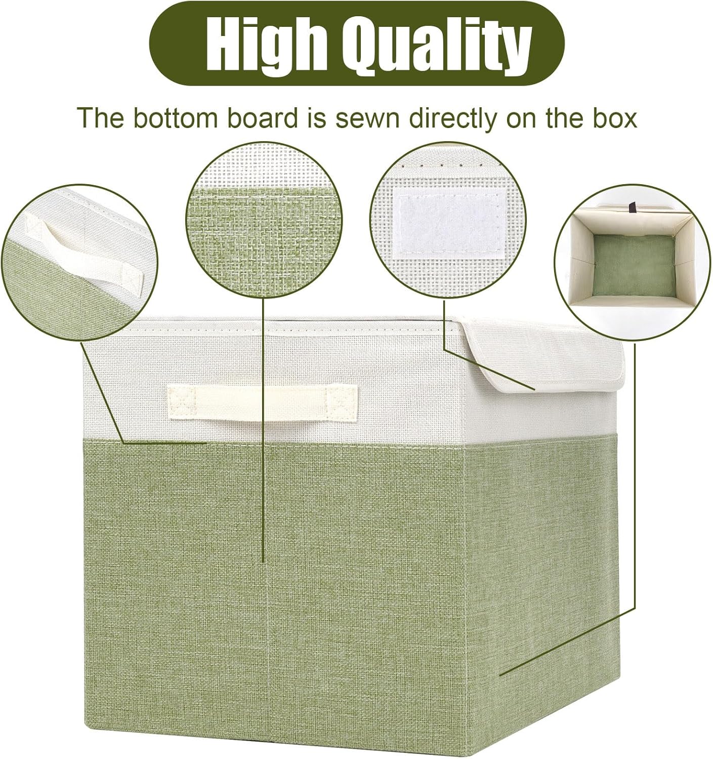 Large 17" 42 Quarts Collapsible Stackable Storage Bins with Lids [3-Pack] Foldable Fabric Linen Storage Boxes Cube, Closet Organizer Baskets with Label for Home (16.7 x 12 x 12", Green & White)