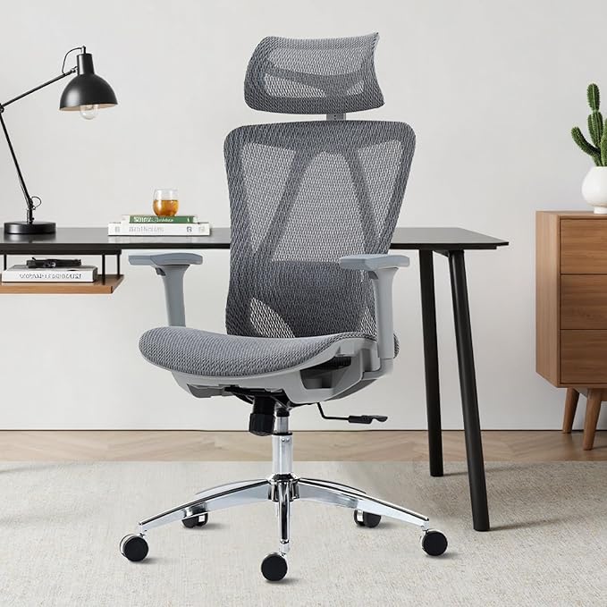 Mesh Ergonomic Office Chair,High Back Mesh Gaming Chair with Lumbar Support,Adjustable Headrest and Armrests for Home Office Desk Chair (Americana, Grey)
