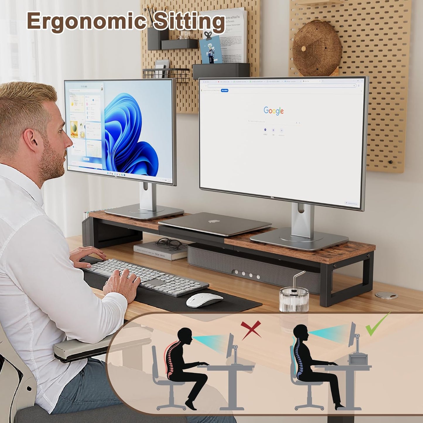 LAND·VOI Dual Monitor Stand Riser,41.5'' Long Monitor Stand for 2 Monitors, Wood Computer Riser with Pocket, Desktop Oraganizer with Pen Holder, Monitor Riser for Desk Computer,Laptop,TV, Rustic Brown