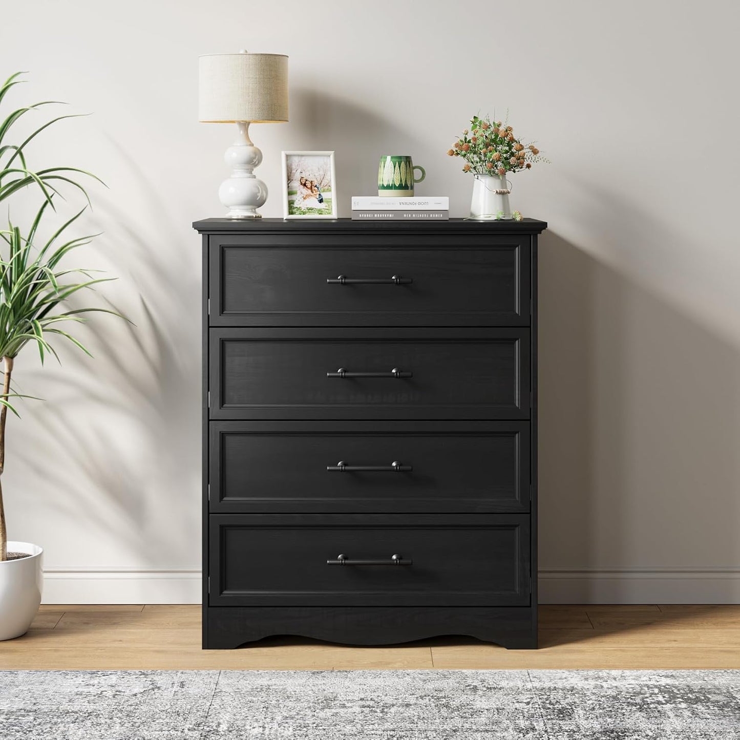 Black Dresser for Bedroom, Farmhouse 36" Tall 4 Drawer Chest with Sleek Brushed Metal Handles, Modern Wood Storage Cabinet with Unique Base Design, Closet Organizer for Bedroom, Living Room, Hallway