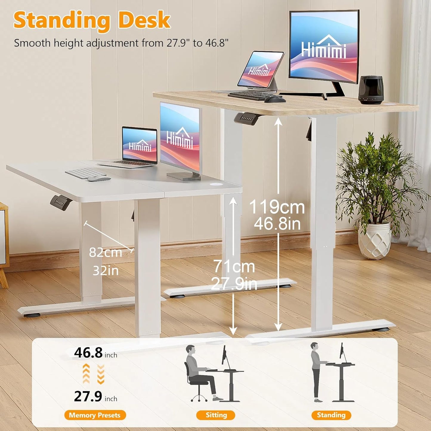 Himimi Electric Standing Desk 48 x 24 inch for Home Office,Sit-Stand Adjustable Desk with Memory Presets,Height Adjustable Desk for Gaming/Working,Free Hook, Lockable Wheels,Oak