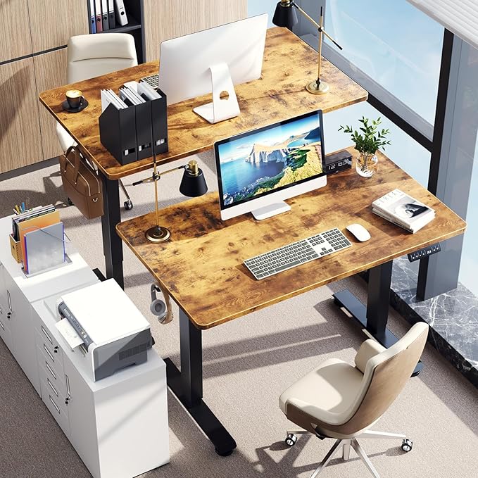 Veken 47.2" Standing Desk Electric, Height Adjustable Sit Stand Up, Wood Desktop, Work Home Office, Computer PC Table, Writing or Gaming Rising Desks, Brown