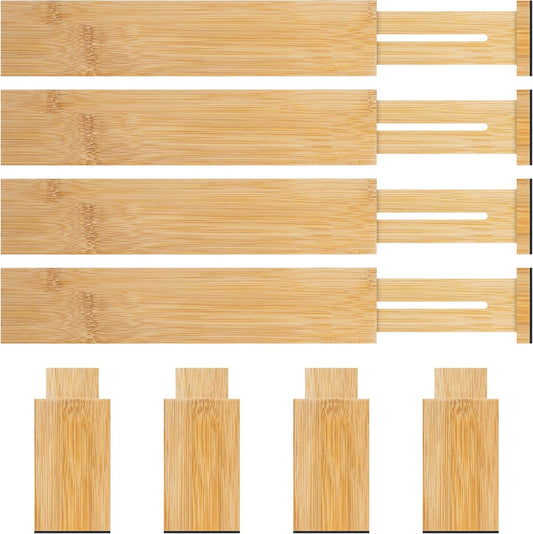 Bamboo Drawer Dividers Organizer with Inserts, Expandable from 12.5-21.7", Adjustable Drawer Organizer Separators for Utensils, Dresser, Bedroom, Bathroom, Closet, Clothing, Office (Beige)