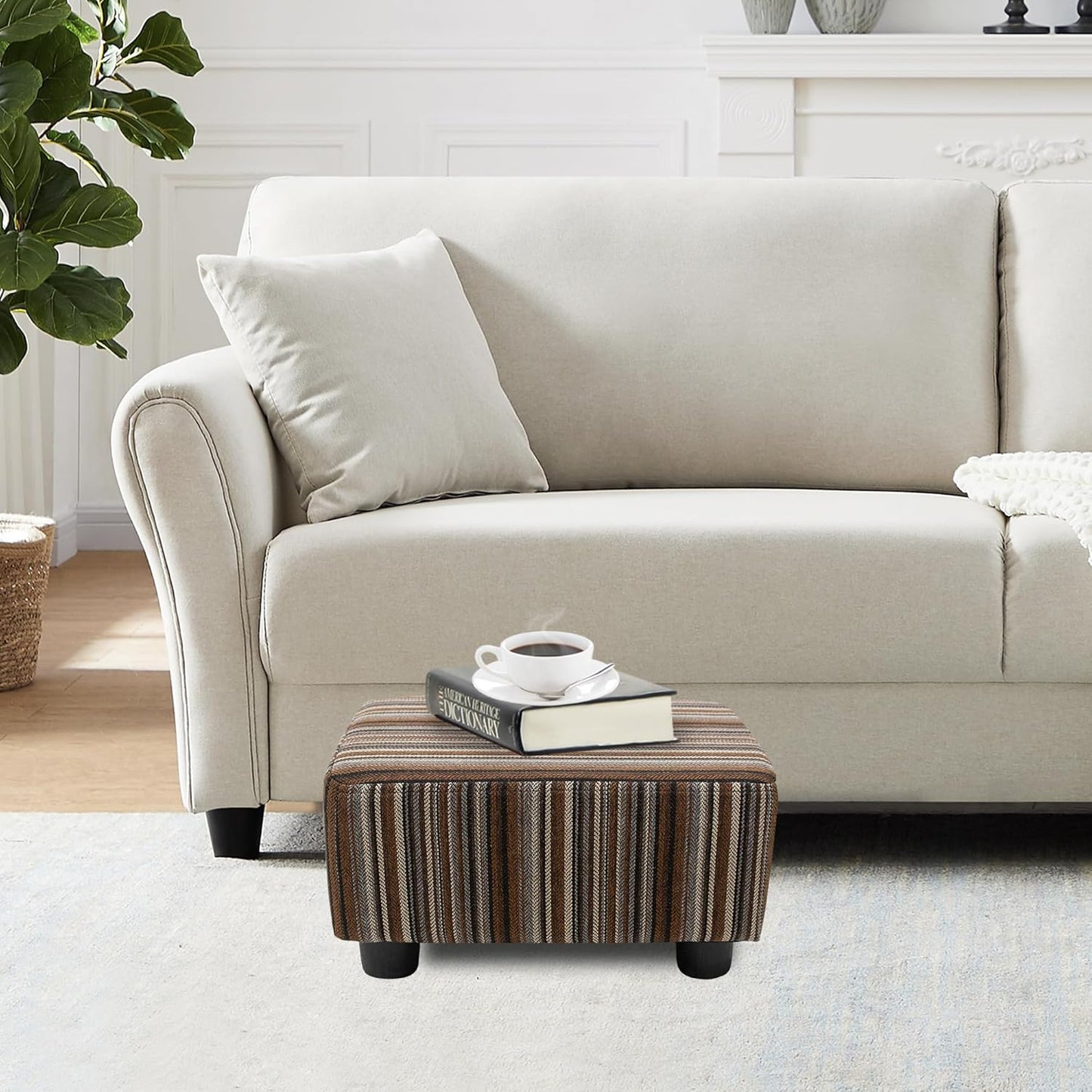 CAROLMADE Small Foot Stool Ottoman Footstool with Legs Under Desk Footrest for Living Room Bedroom and Office,Linen-Stripe Brown