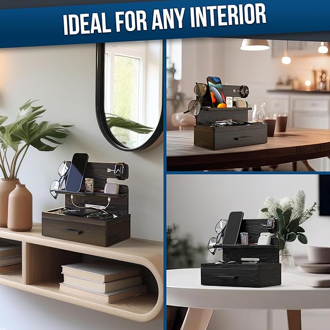 BarvA Phone Docking Station with Drawer Organizer | Night Stand Desk Charging Station | Upgraded Nightstand Organizer | Dresser Smart Watch Earbuds Phone Stand | Room Decor Gifts for Women Men Mom