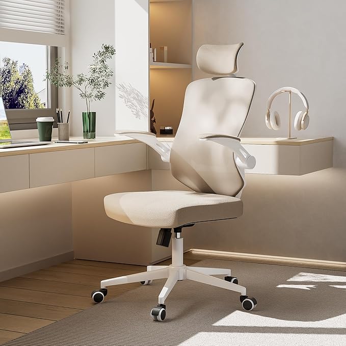 Desk Offiice Chair, Ergonomic Comfy Mesh Chair, Home High Back Gaming Executive Chair with Wheels, Compute Capacity 350LBS, Lumbar Support, Adjustable Headrest, Flip-up Armrest