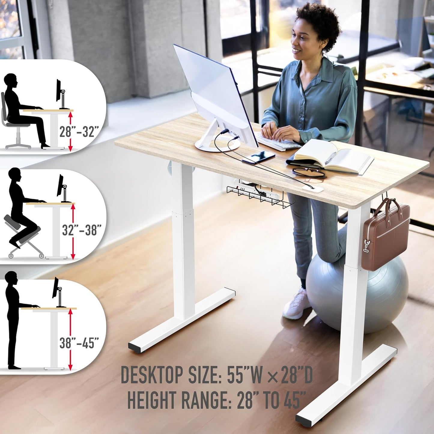 SHW 55 x 28 Inches Electric Height Adjustable Standing Desk with Drawer and Memory Preset, Maple