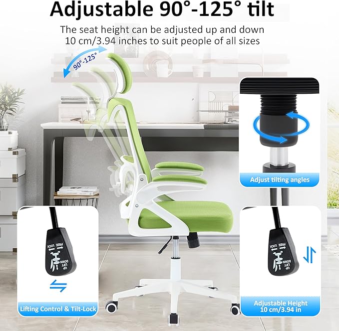 Fizzin Ergonomic Office Chair 400 LBS, High Back Desk Chair with Adjustable Lumbar Support, Mesh Computer Chair with Thicker Seat Cushion and Tilt Function for Home Offices (Green)