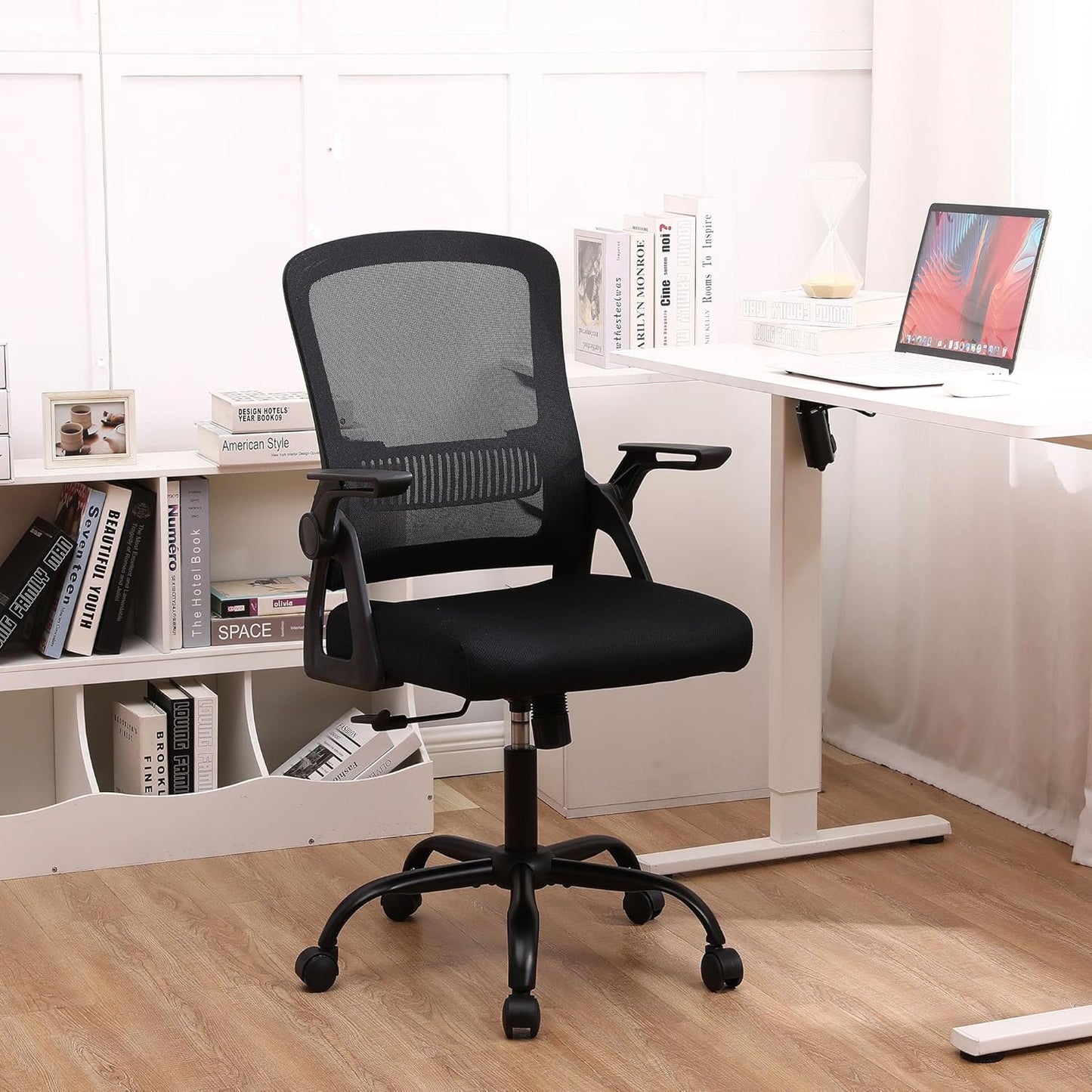 Office Chair, Ergonomic Desk Chair with Lumbar Support, Breathable Mesh Chair with Flip-up Armrests and Mid Back, Comfy Task Computer Height Adjustable Swivel Chair (1, Black)