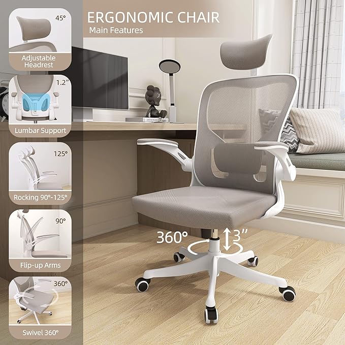 Monhey Office Chair Ergonomic Desk Chair with Lumbar Support&Headrest&Flip-up Arms Height Adjustable Rocking Swivel High Back Computer Chair Warm Taupe Mesh Study Chair (02White+Khaki)
