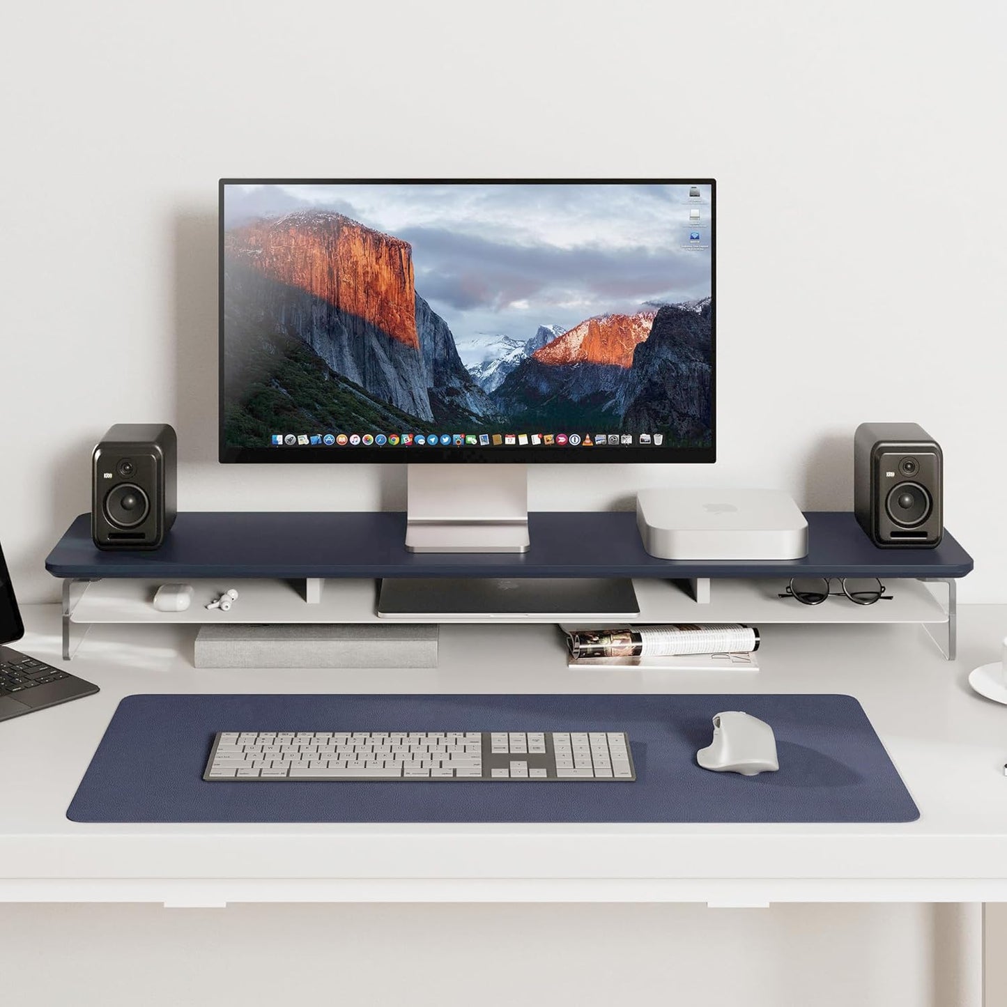 Fenge Acrylic Monitor Stand Riser, 42.5 Inches Dual Monitor Stand with Metal Storage, 2 Tier Acrylic Computer Riser for Desk, Clear Laptop Stand for PC, Laptop, Printer, TV, Blue