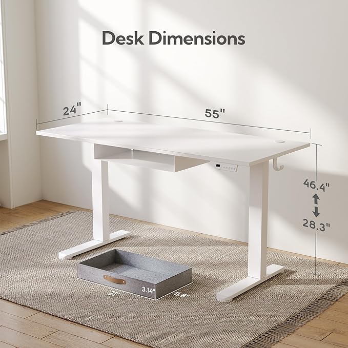 Seang Standing Desk with Drawer, 55" x 24" Height Adjustable Stand Up Desk, 3 Memory Height Settings with Cable Grommets & Storage Hooks, Ideal for Home & Office, White