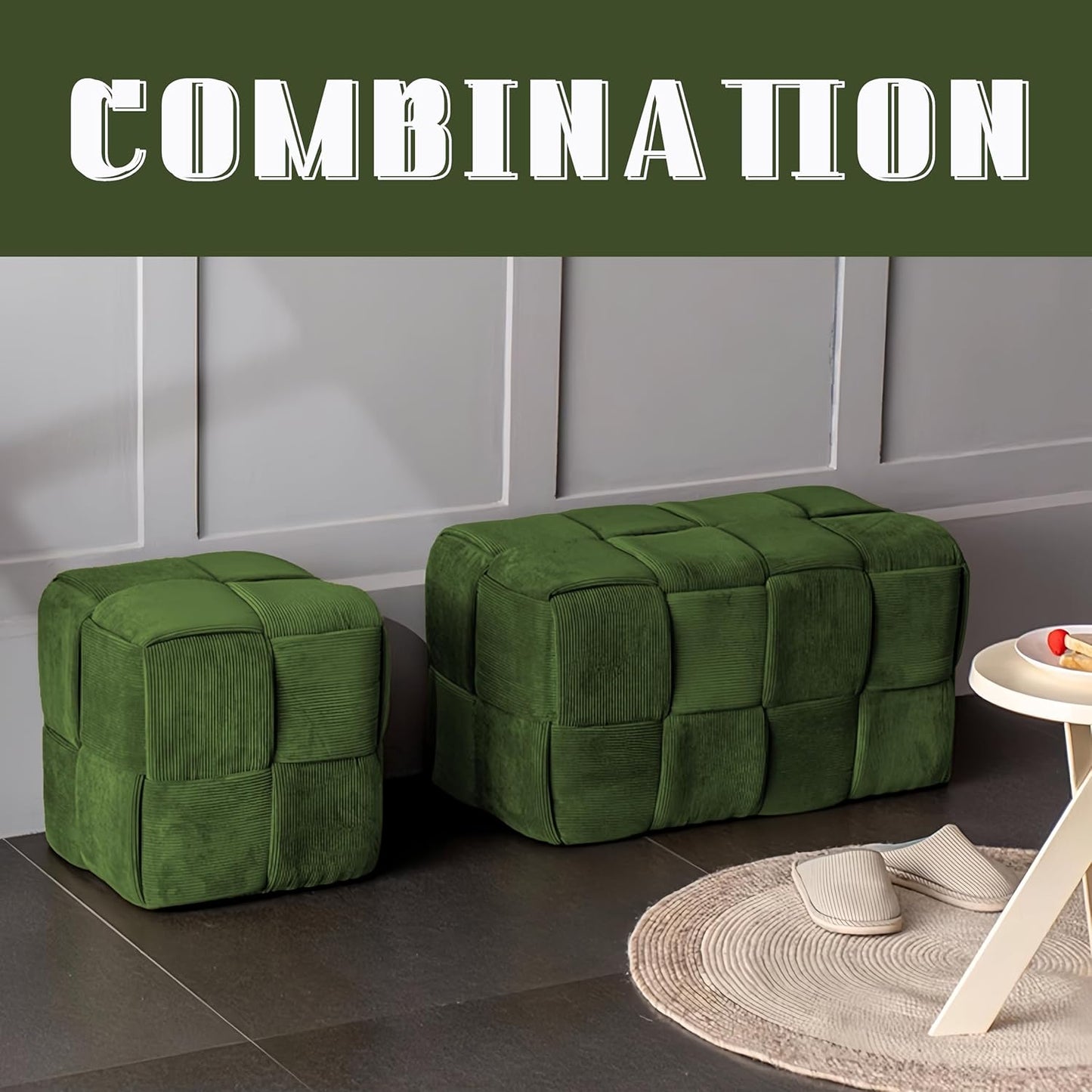 Ottoman Foot Rest Soft and Comfortable Ottoman Square Corduroy Woven Design Sofa Stool (Green-L)