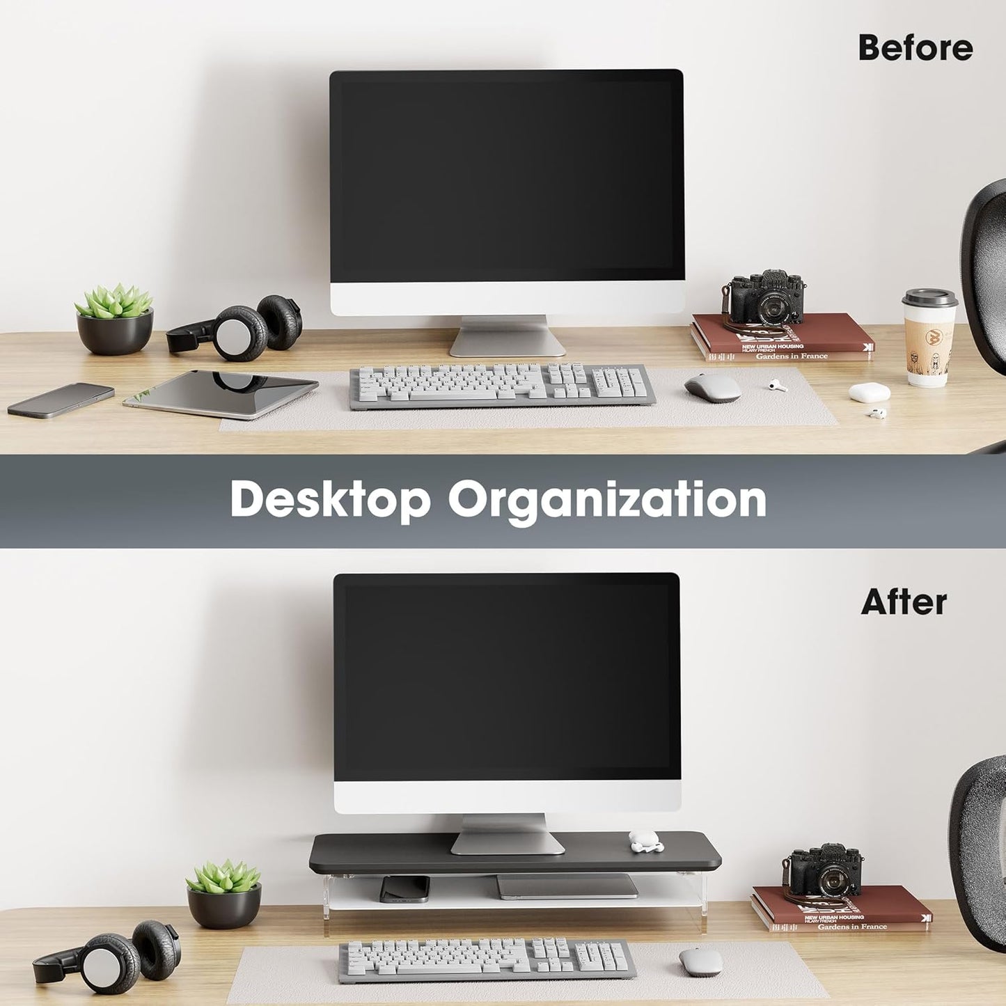 Fenge Acrylic Monitor Stand Riser, 23.6 Inches Monitor Stand with Metal Storage, 2 Tier Acrylic Computer Riser for Desk, Clear Laptop Stand for PC, Laptop, Printer, TV