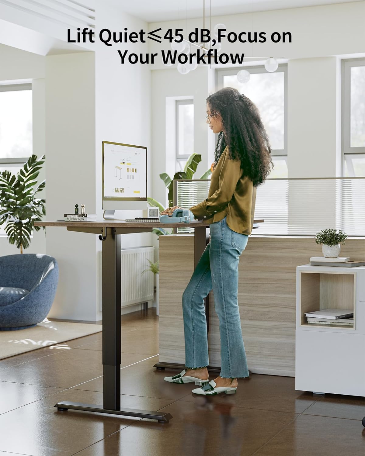 FEZIBO One-Piece Standing Desk Adjustable Height Stand up Home Office Desk, 40x24 Inch Electric Standing Computer Desk, with 4 Memory Presets, Fixable casters, Rustic Brown