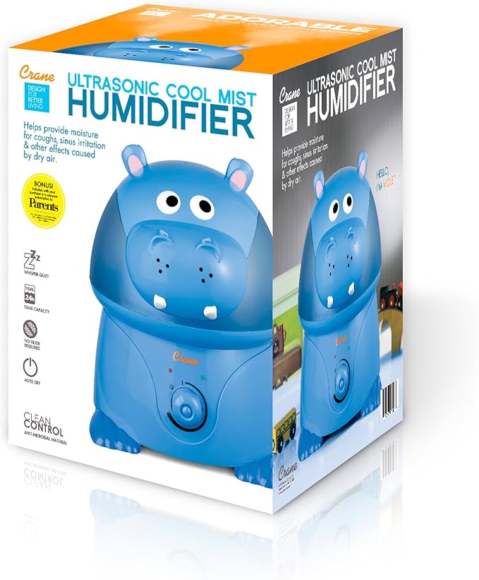 Crane Animal Humidifier for Kids Bedroom, 1 Gal. Cool Mist Humidifier with Adjustable Settings, Optional Filter, Auto Shut-Off, Hippo