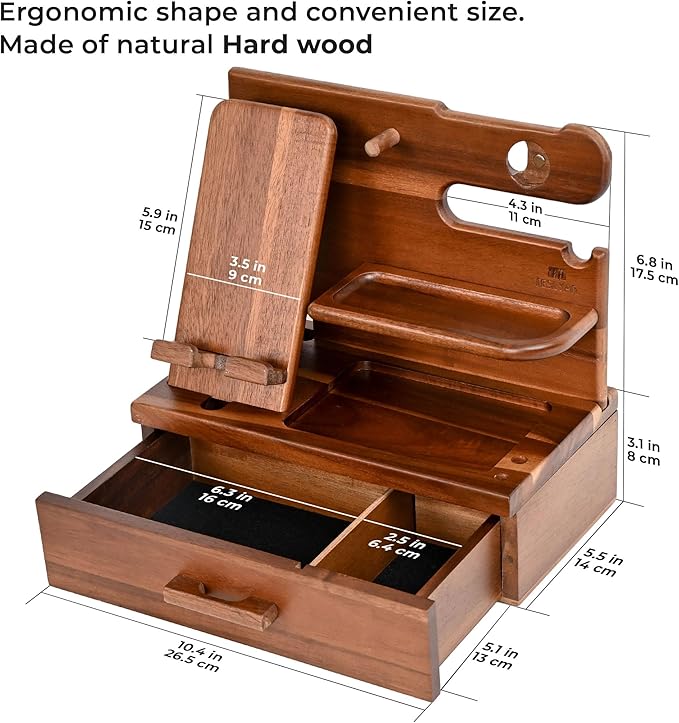 TESLYAR Wood Phone Docking Station with Drawer - Nightstand Organizer - Desk Organizer for Husband - Birthday Gifts for Men or Dad - Anniversary Idea - Key Holder Stand Watch & Accessories (Walnut)