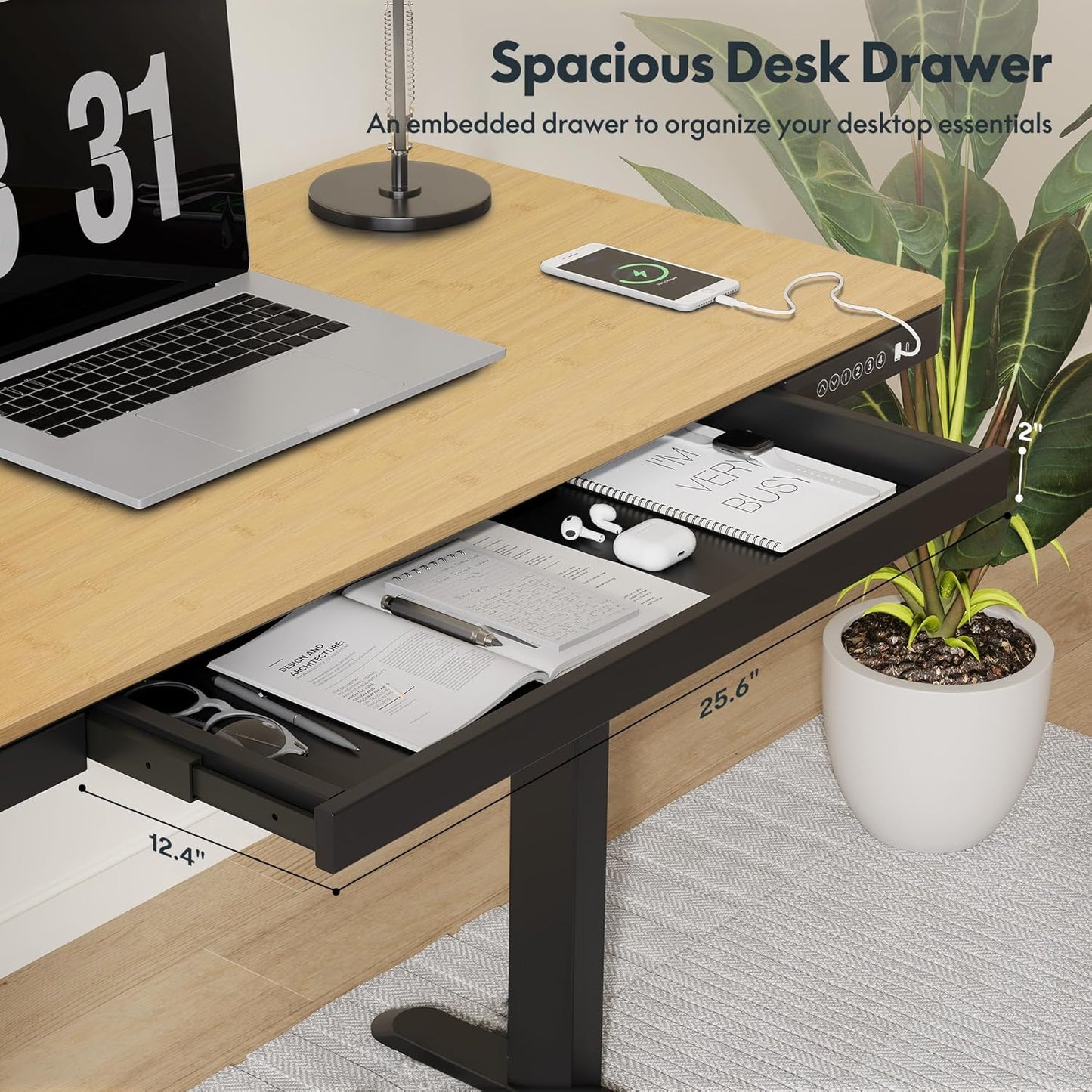 FLEXISPOT Comhar Electric Standing Desk with Drawer Desktop & Adjustable Frame w/USB Charge Ports (Bamboo Texture/Black, Wood)