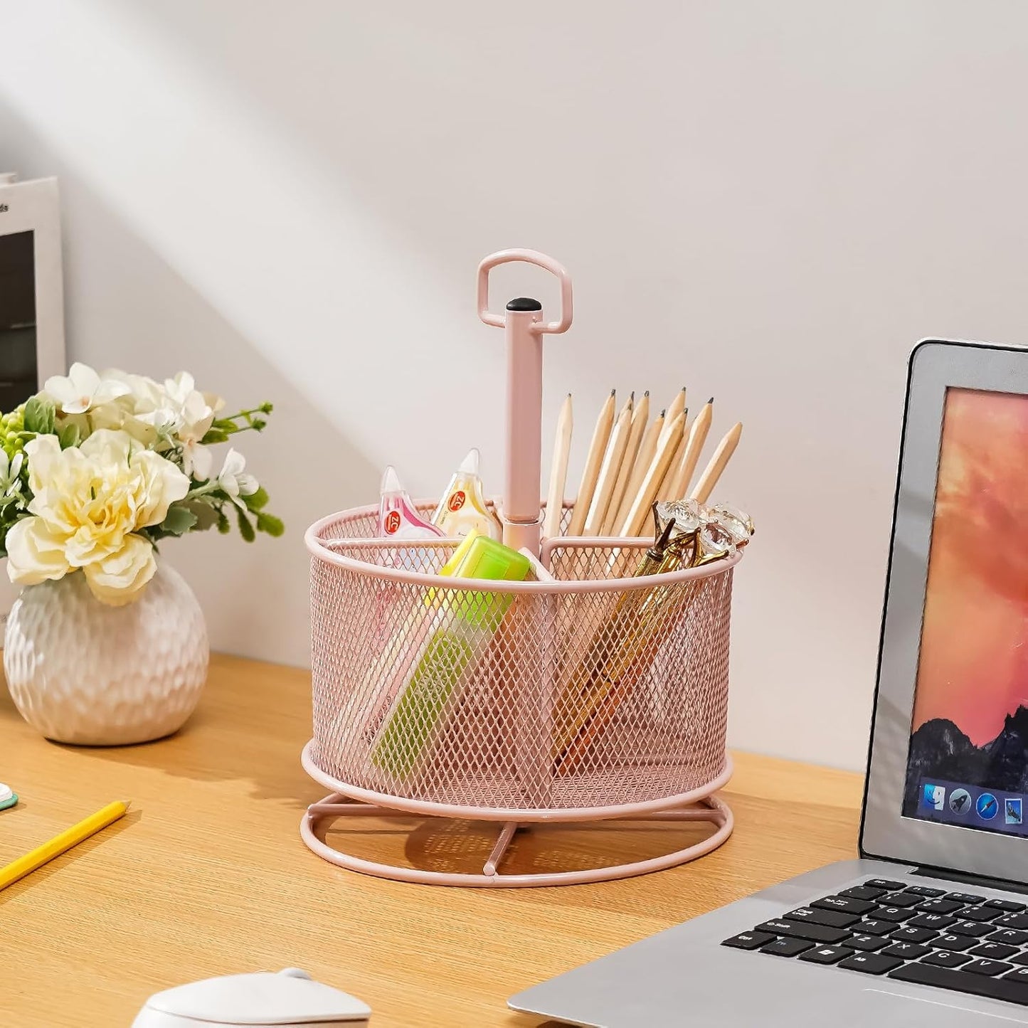 Marbrasse Mesh Desk Organizer, 360-Degree Rotating Multi-Functional Pen Holder, 4 Compartments Desktop Stationary Organizer, Home Office Art Supply Storage Box Caddy (Pink)