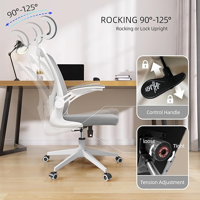 Monhey Office Chairs, Ergonomic Office Chair, Computer Chair with Adjustable Headrest, Lumbar Support, 2D Armrest, Metal Base and Iron Legs, White Frame Grey Mesh Office Chair
