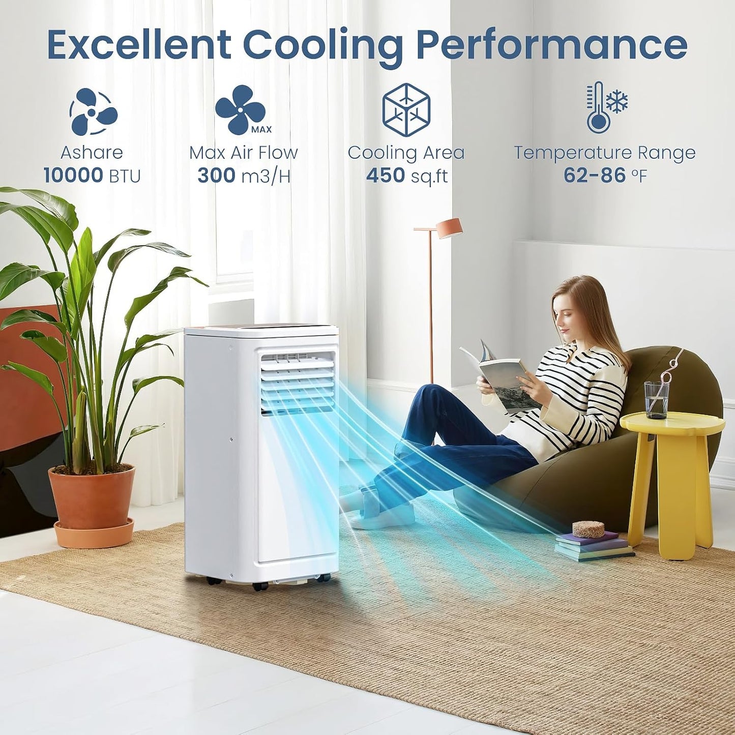 ZAFRO Portable Air Conditioners, 10000 BTU, 3 in 1 Portable AC Unit with Window Kits, Fan & Dehumidifier Modes, Cools up to 450 Sq.Ft, LED Display/Remote Control, 24H Timer for Living Room, Bedroom