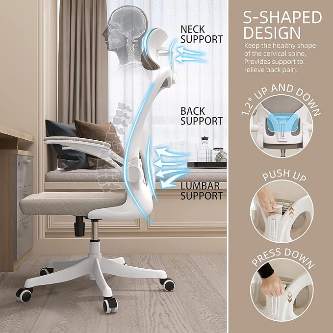 Monhey Office Chair Ergonomic Desk Chair with Lumbar Support&Headrest&Flip-up Arms Height Adjustable Rocking Swivel High Back Computer Chair Warm Taupe Mesh Study Chair (02White+Khaki)