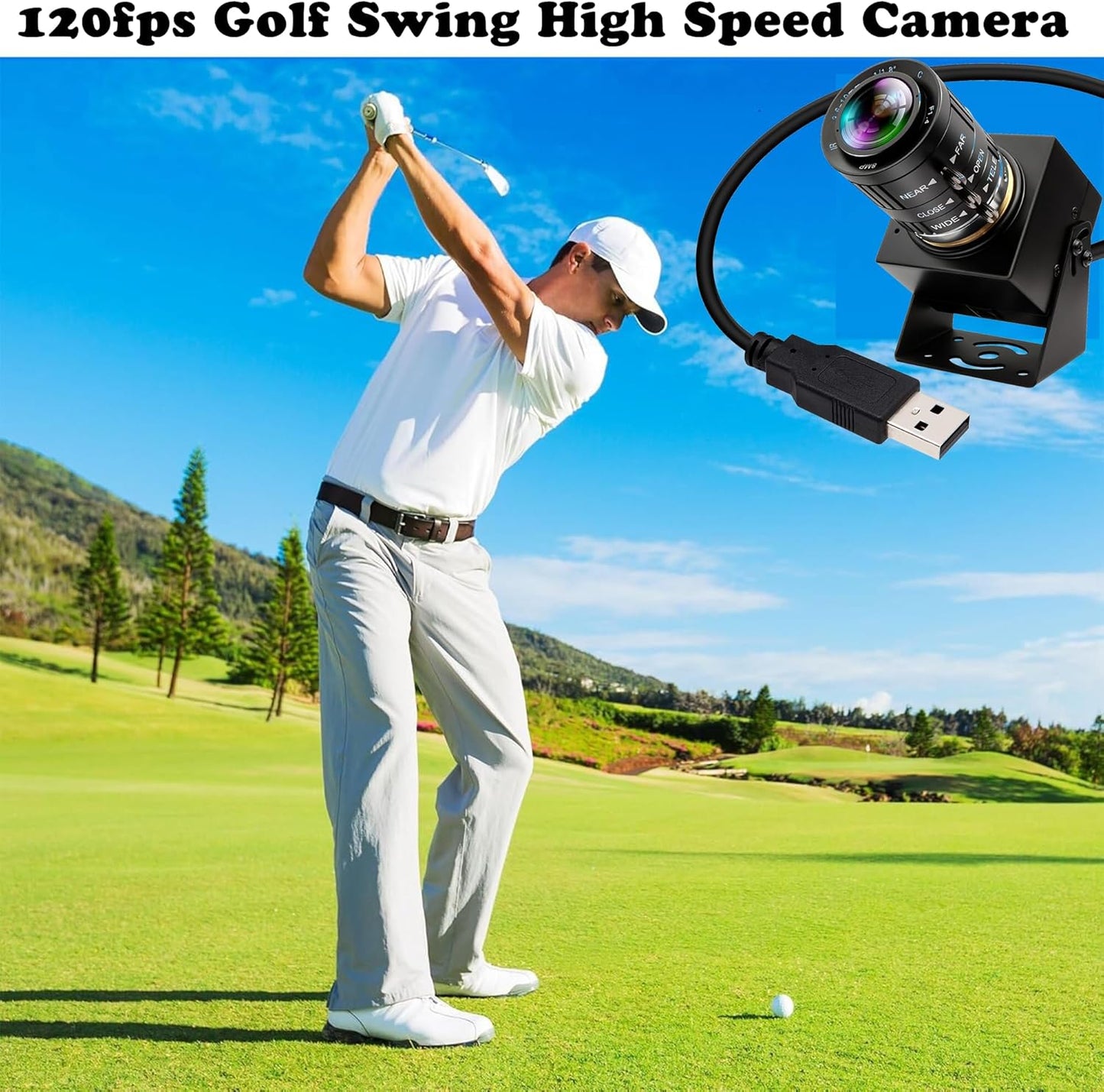USB Camera 120fps High Speed Webcam Golf Swing 4K 12Megapixels USB Cam with 3X Manual Optical Zoom Lens Lightburn PC Computer Plug and Play for Linux Windows Mac OS