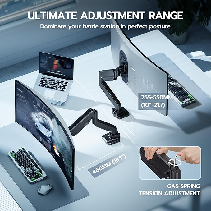 ARES WING Ultrawide Single Monitor Arm, Heavy Duty Monitor Mount for 13"-45" Curved Screens, Adjustable Stand for Desk with C-clamp & Grommet Base up to 40 LBS, Black