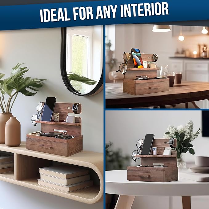 BarvA Phone Docking Station with Drawer Organizer | Night Stand Desk Charging Station | Upgraded Nightstand Organizer | Dresser Smart Watch Earbuds Phone Stand | Room Decor Gifts for Women Men Mom