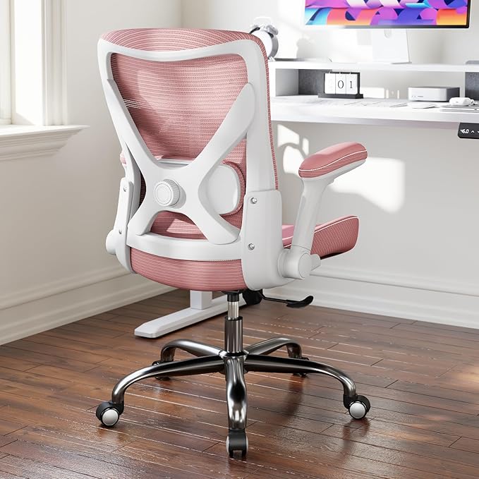 Ergonomic Office Chair-Computer PU Leather X-Shaped Desk Chair-Gaming Chair with Adjustable Flip-up Armrests Lumbar Support Mesh Executive Chair for Long Hours Office (Pink)