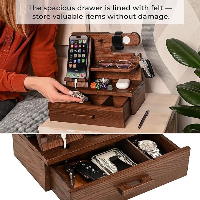 TESLYAR Wood Phone Docking Station with Drawer - Nightstand Organizer - Desk Organizer for Husband - Birthday Gifts for Men, Dad, Anniversary Idea, Key Holder Stand Watch & Accessories (Bourbon Brown)