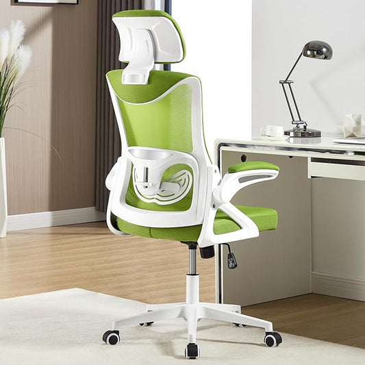 Fizzin Ergonomic Office Chair 400 LBS, High Back Desk Chair with Adjustable Lumbar Support, Mesh Computer Chair with Thicker Seat Cushion and Tilt Function for Home Offices (Green)