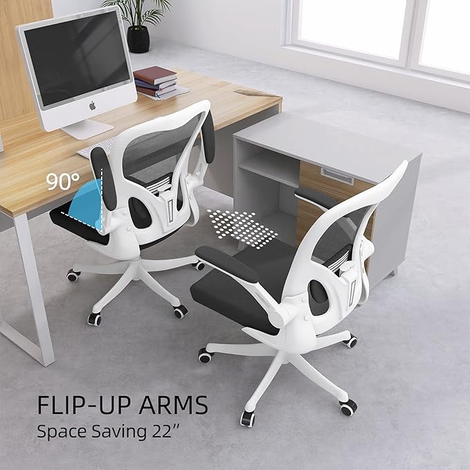 Monhey Office Chair - Ergonomic Office Chair with Lumbar Support & Flip Up Arms Home Office Desk Chairs Rockable High Back Swivel Computer Chair White Frame & Black Mesh Study Chair