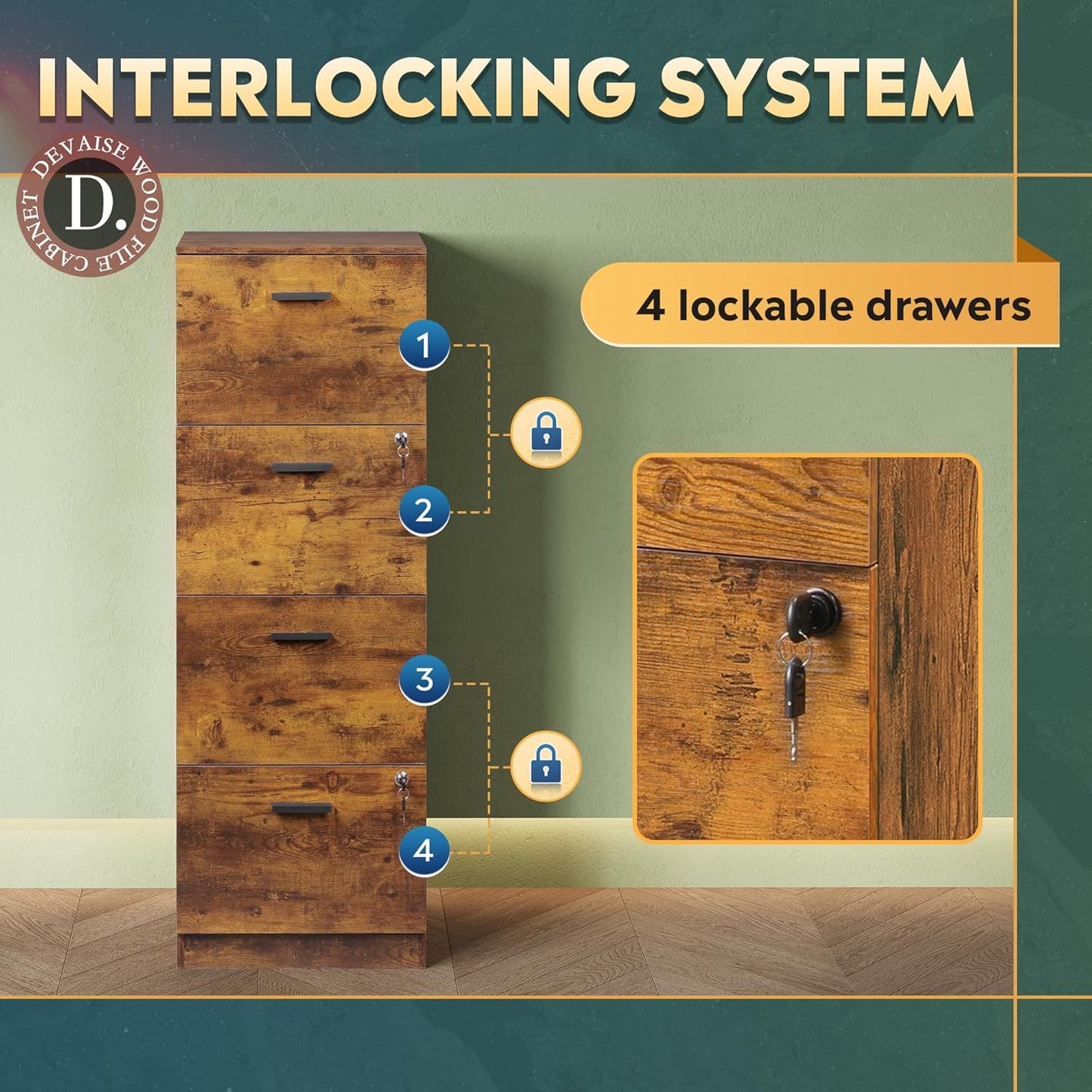 DEVAISE 4 Drawer File Cabinet with Lock, Vertical Filing Cabinet for A4/Letter Size Files, Wood Storage Organizer for Home Office, Rustic Brown