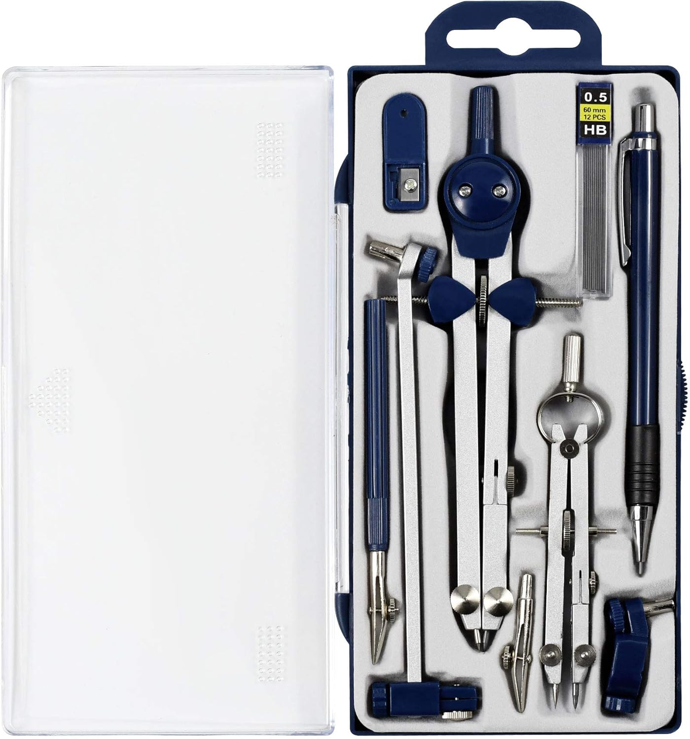 Drawing 9Pc Geometry Set Metal Compass, Geometry Precision Tool for Student, Circle Drawing Tool and Architecture, Drafting Kits for Engineer with Shatterproof Storage Box (Blue)