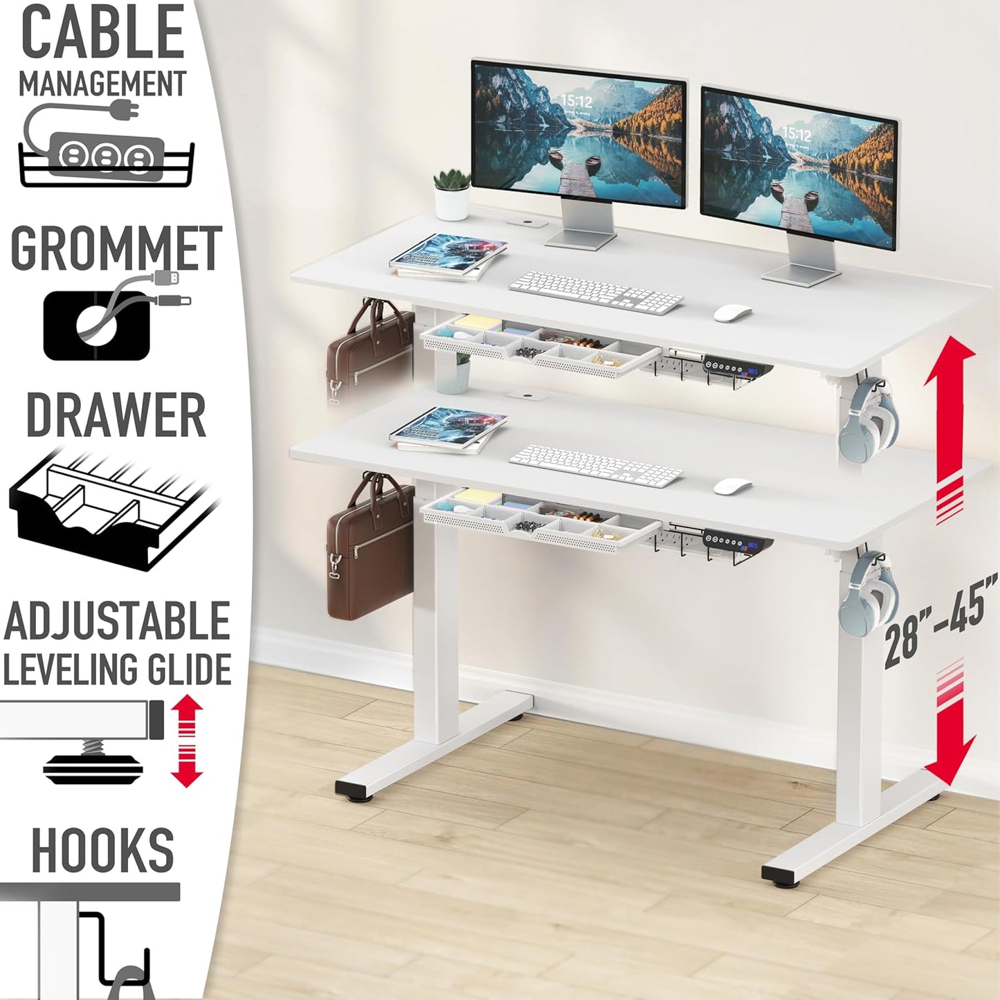 SHW 55 x 28 Inches Electric Height Adjustable Standing Desk with Drawer and Memory Preset, White