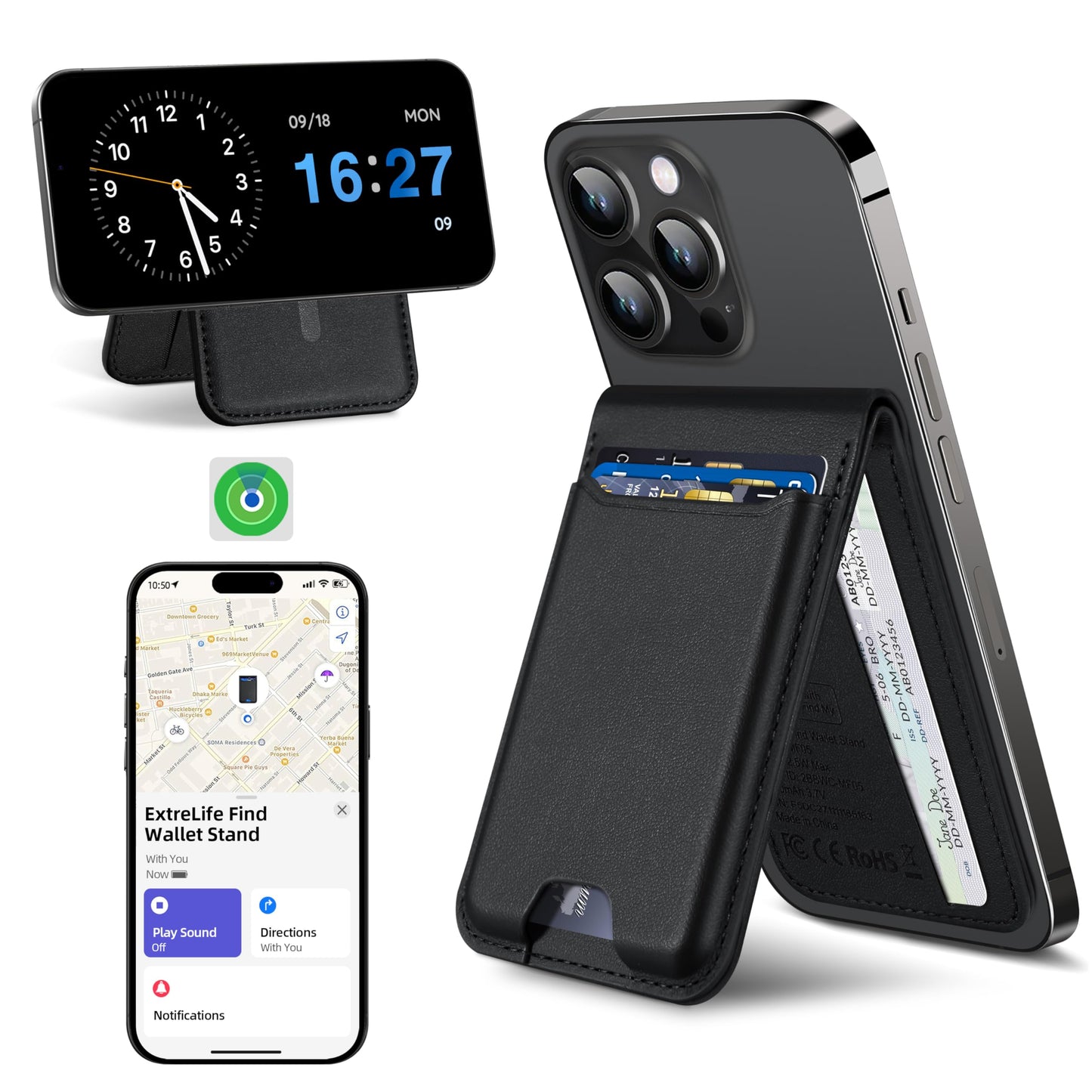for Magsafe Wallet, Works with Apple Find My, Strongest Magnetic Wallet for iPhone 16/15/14/13/12 Series, for iPhone Walle t with Adjustable Stand, 3 Card Slots, 6 Cards Holder, Vegan Leather, Black