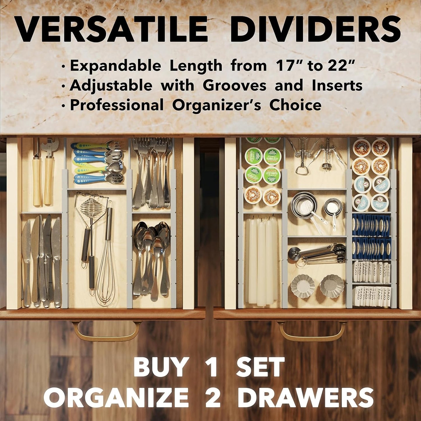 SpaceAid Bamboo Drawer Dividers with Inserts and Labels, Kitchen Adjustable Drawer Organizers, Expandable Organization for Home, Office, Dressers, 7 Dividers with 15 Inserts (17"-22" Gray)